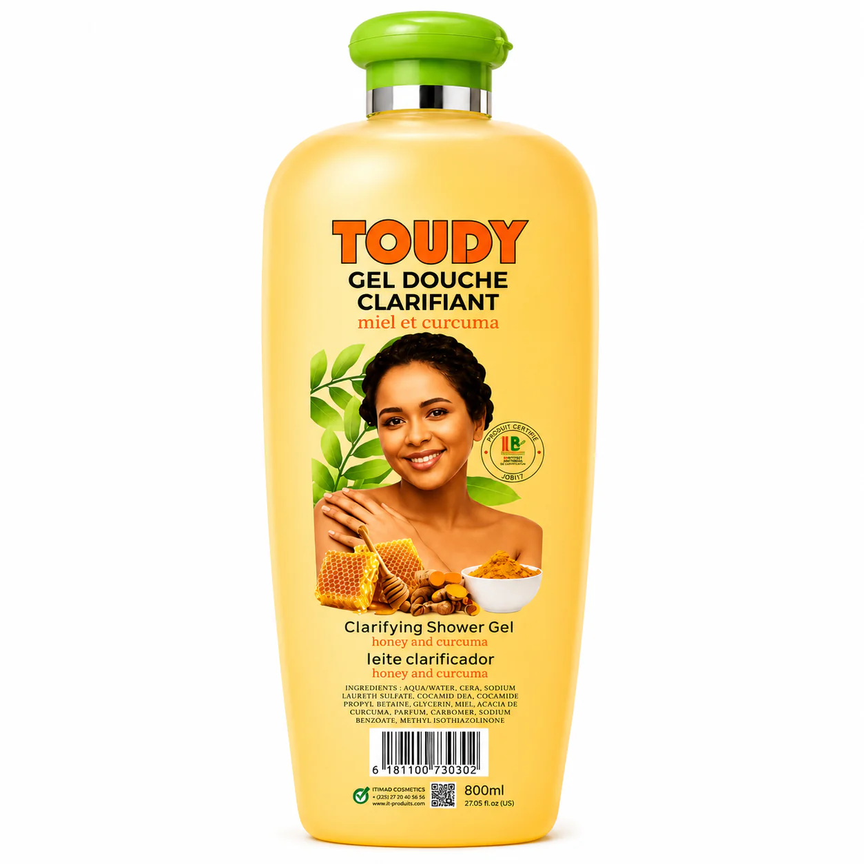Gel Douche Clarifiant Miel et Curcuma 800ml - TOUDY